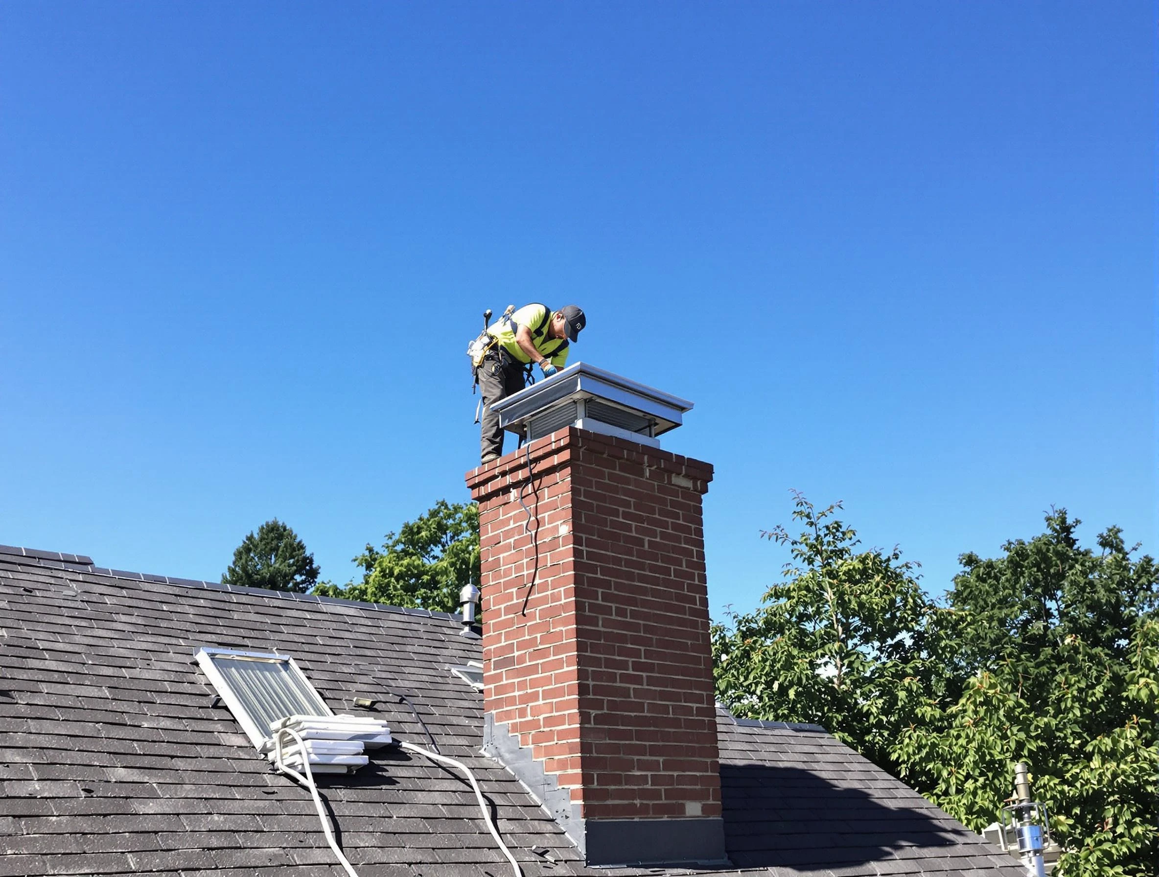 Woodstock Chimney Sweep technician measuring a chimney cap in Woodstock, GA